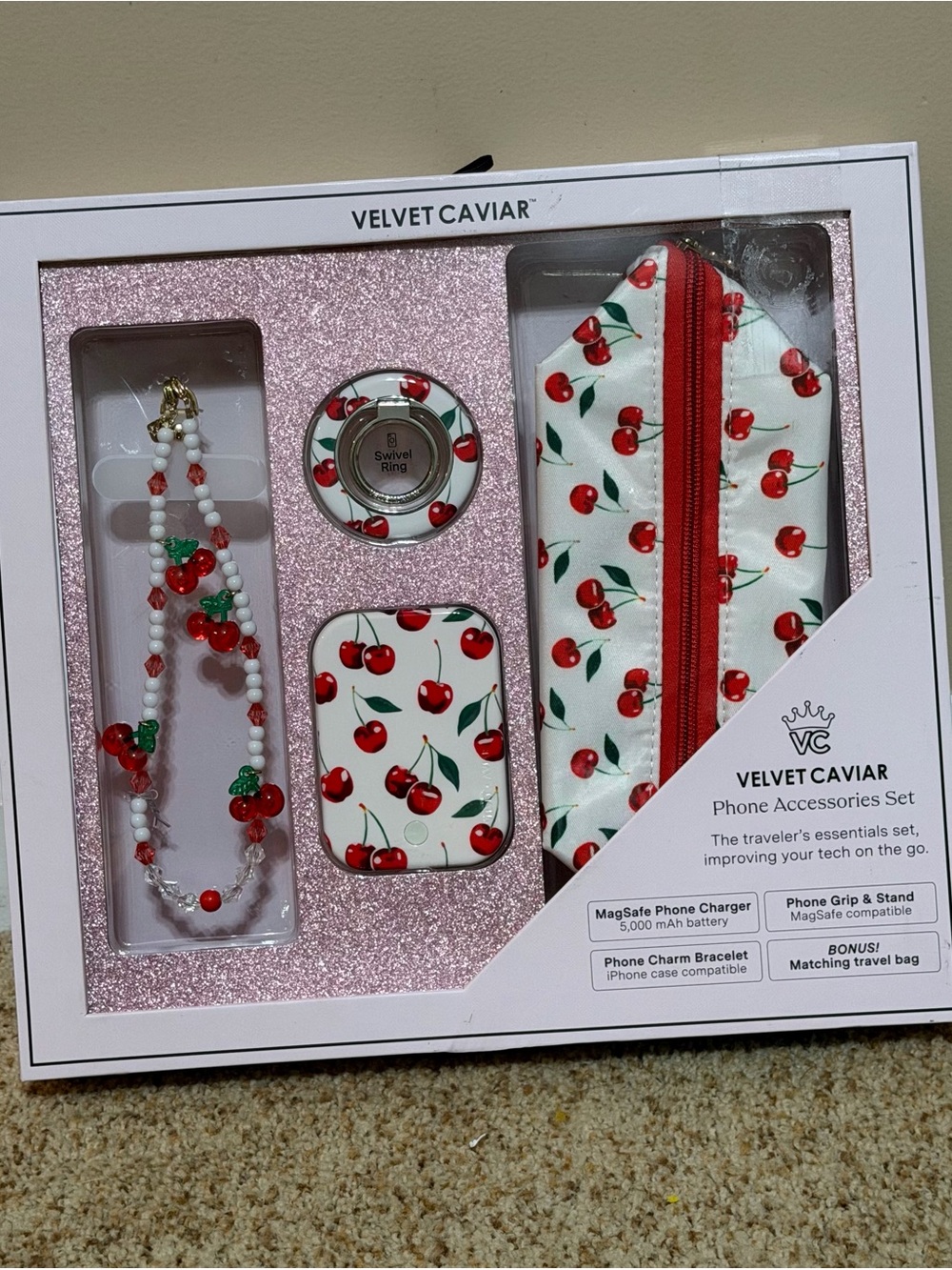 Velvet Caviar Cherry Phone Accessories Set - White & Red